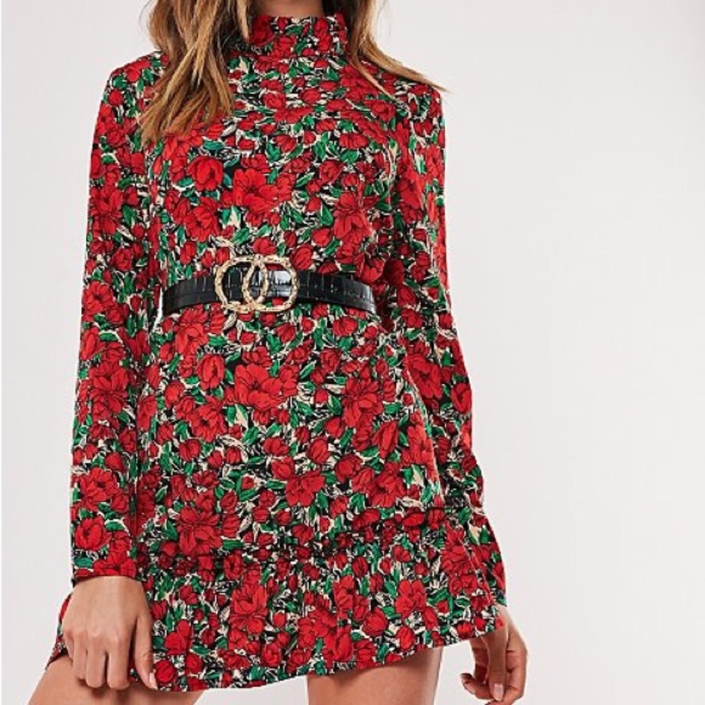 NWT Missguided Red and Green Mock Neck Long Sleeve Polyester Floral Dress Size 2
